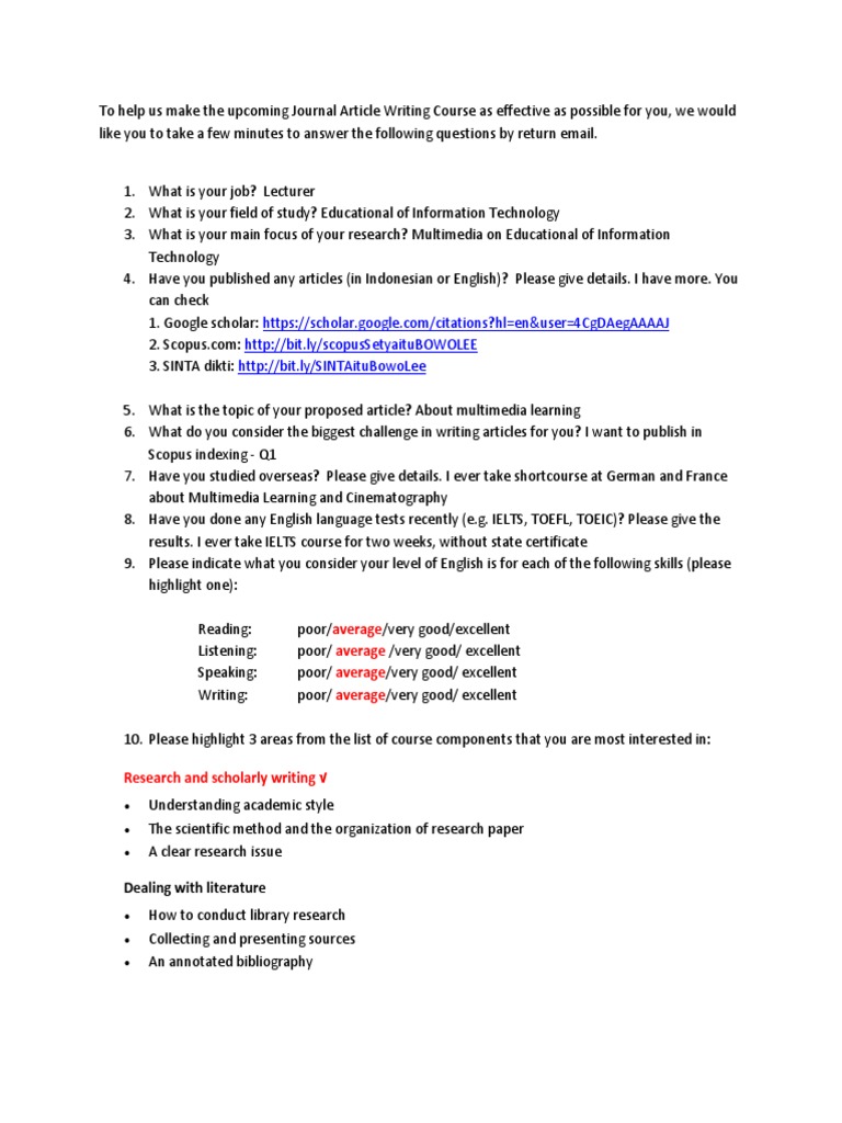 Journal Article Writing Course Survey | PDF | International English ...