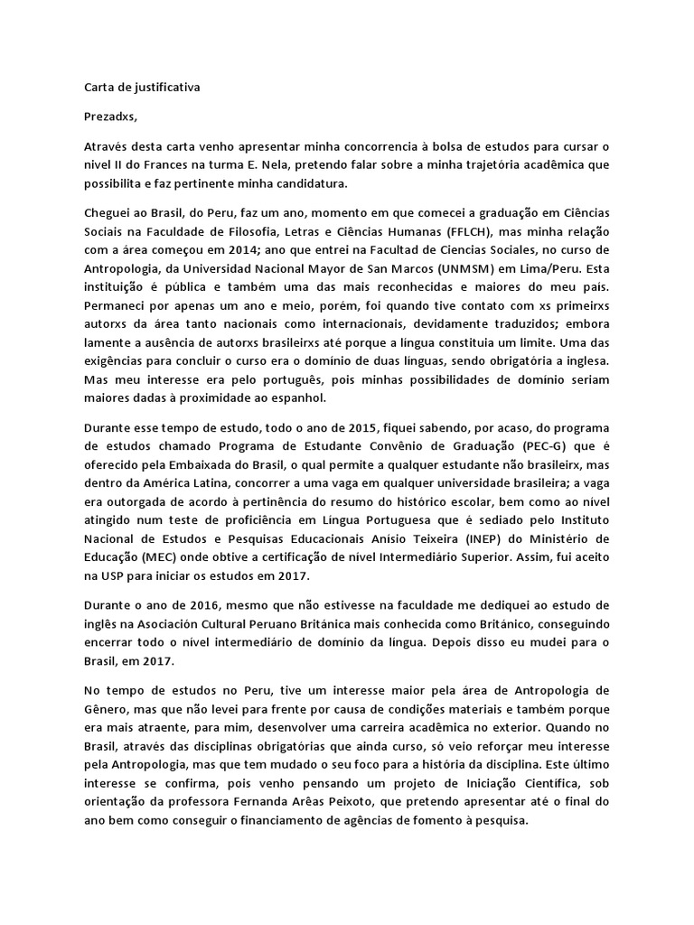 Carta de Justificativa de Pedido de Bolsa NELE  Brasil  PósGraduação