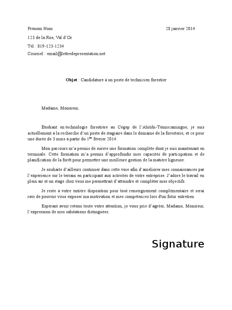 Je Reste A Votre Entiere Disposition Pour Tout Renseignement Complementaire Lettre de Presentation Stage Technicien Forestier | PDF