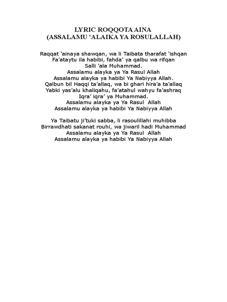 Lyric Roqqota Aina Assalamu Alaika Ya Rosulallah
