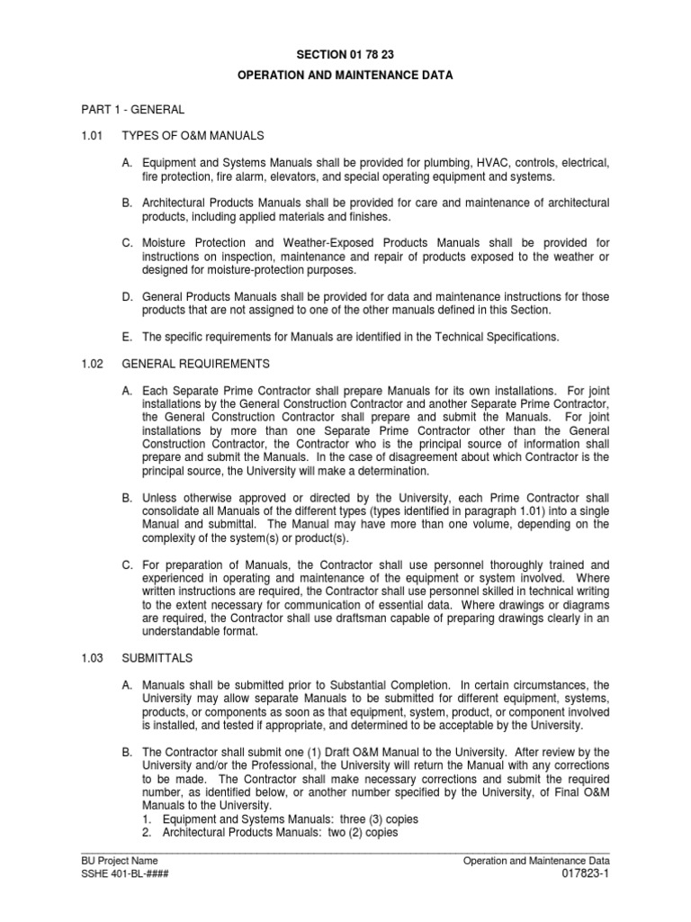 SECTION 01 78 23 Operation and Maintenance Data | PDF | General ...