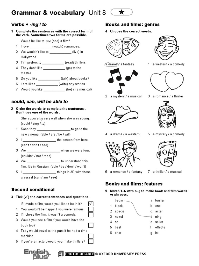Grammar & Vocabulary Unit 8: Verbs + - Ing / To Books and Films: Genres ...