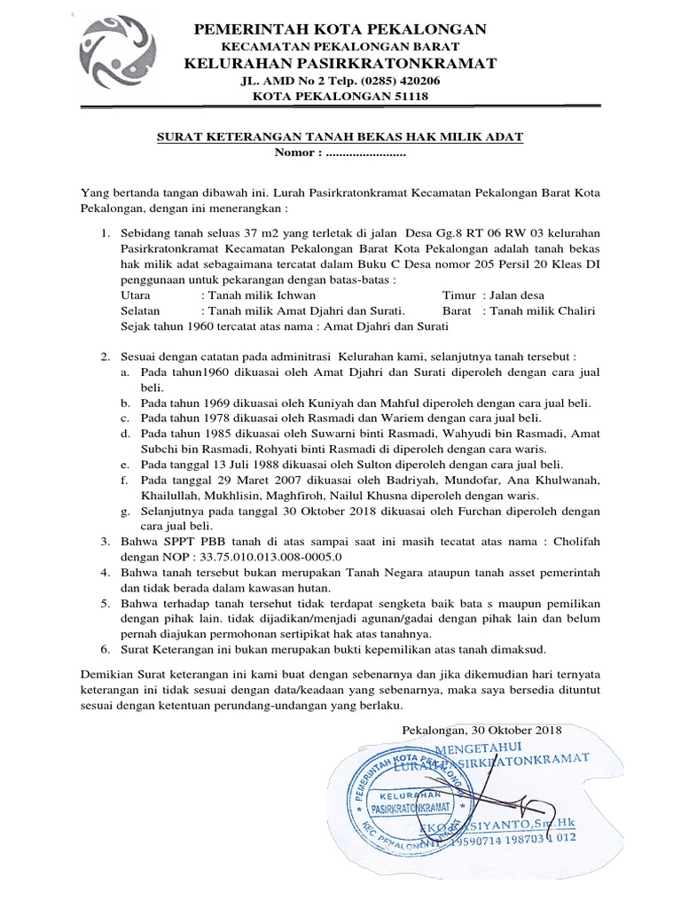 Surat Keterangan Tanah Bekas Hak Milik Adatdocx