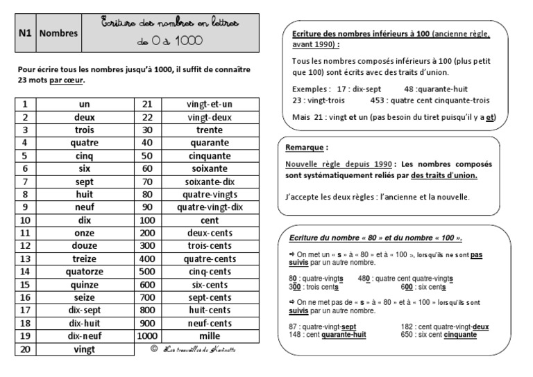 Les Nombres En Lettres De 0 à 1000 Pdf