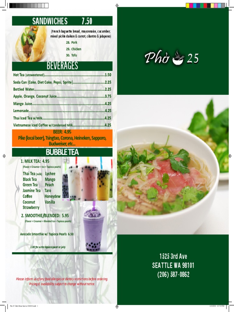 Pho 25 Menu | PDF | Foods | Asian Cuisine