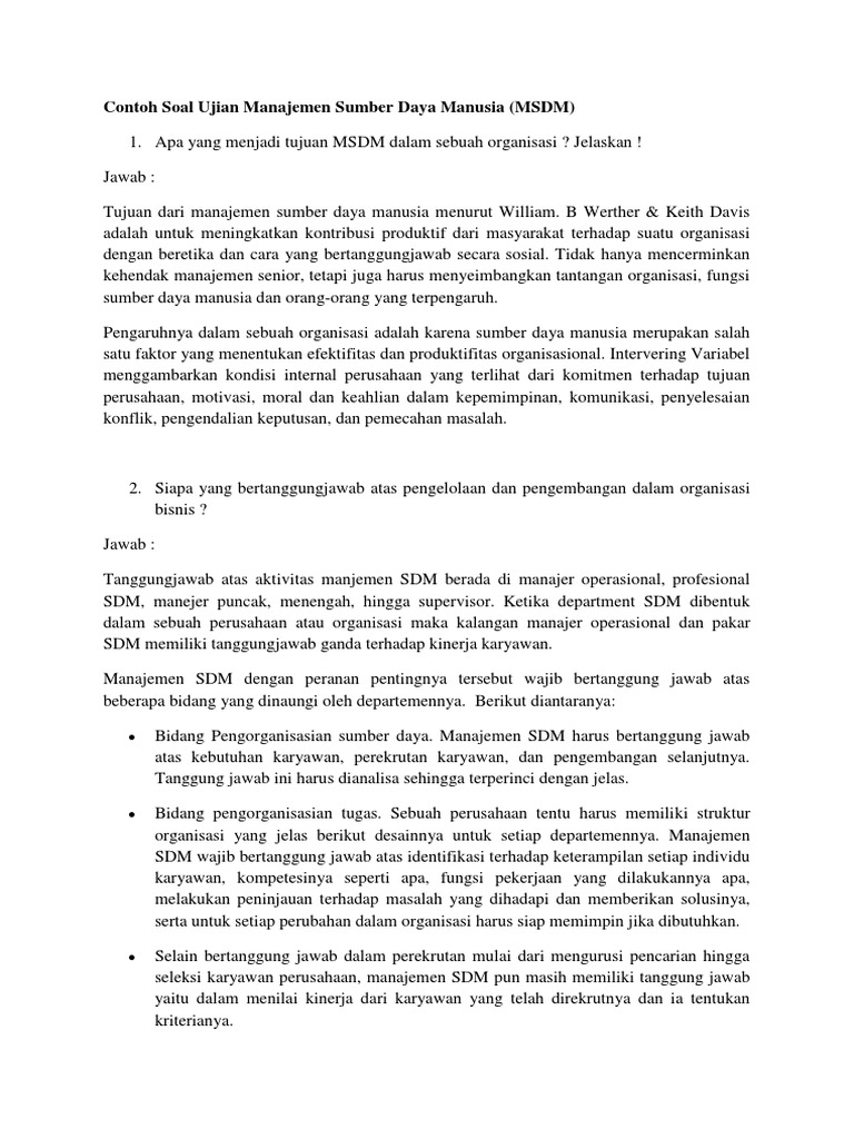 Contoh Soal Ujian Manajemen Sumber Daya Manusia