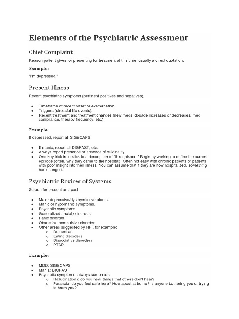 Elements of The Psychiatric Assessment Chief Complaint PDF Mania