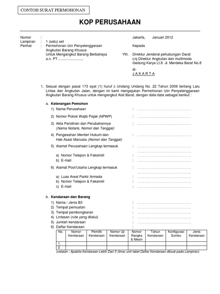 Draft Surat Permohonan Izin Angkut B3 Pdf