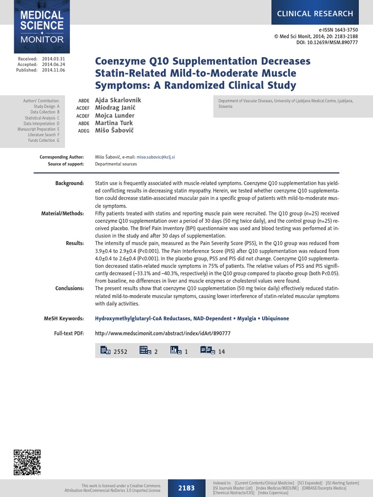 Coenzyme Q10 Supplementation | PDF | Statin | Alanine Transaminase
