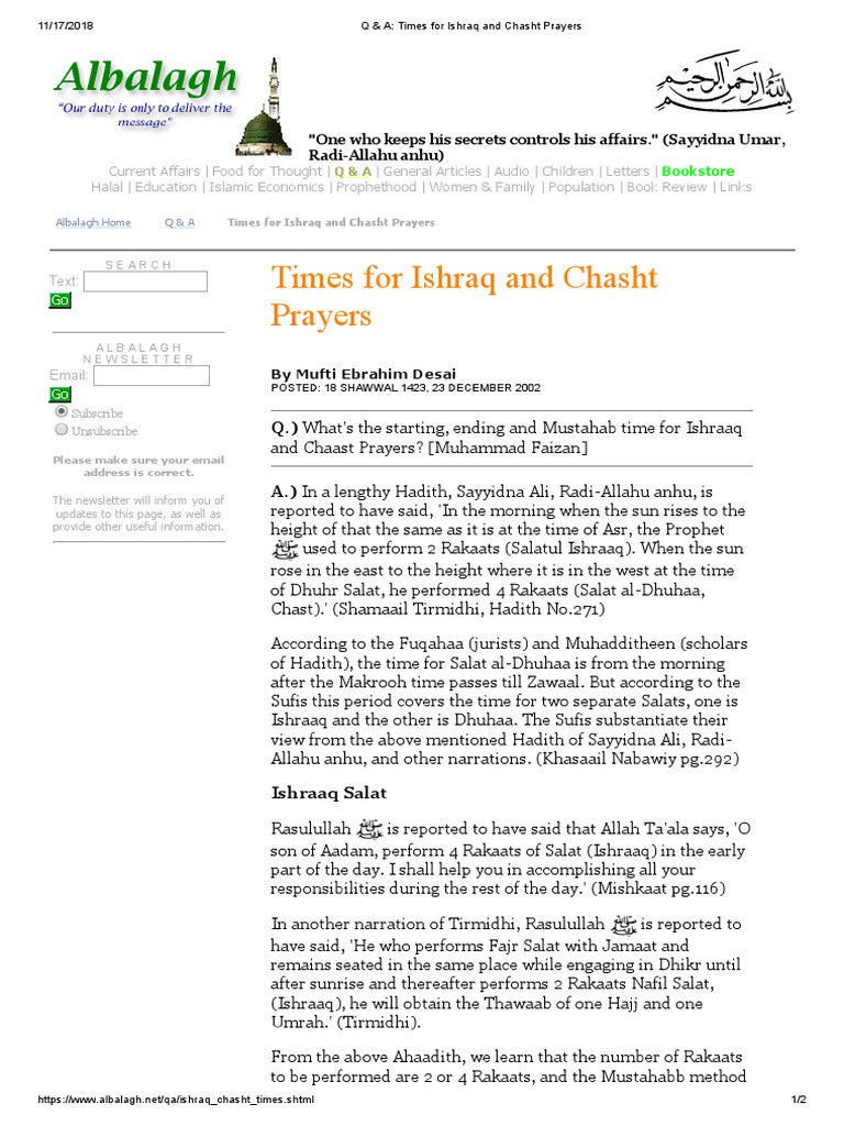 Times for Ishraq and Chasht Prayers | Hadith | Islamic Fundamentalism