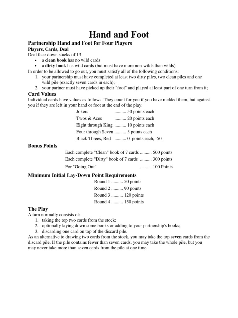 Partnership Hand and Foot For Four Players | PDF for Free Printable Hand And Foot Rules
