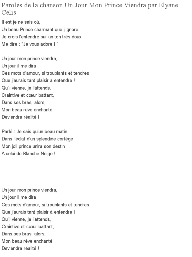 Paroles De La Chanson Un Jour Mon Prince Viendra Par Elyane Celis