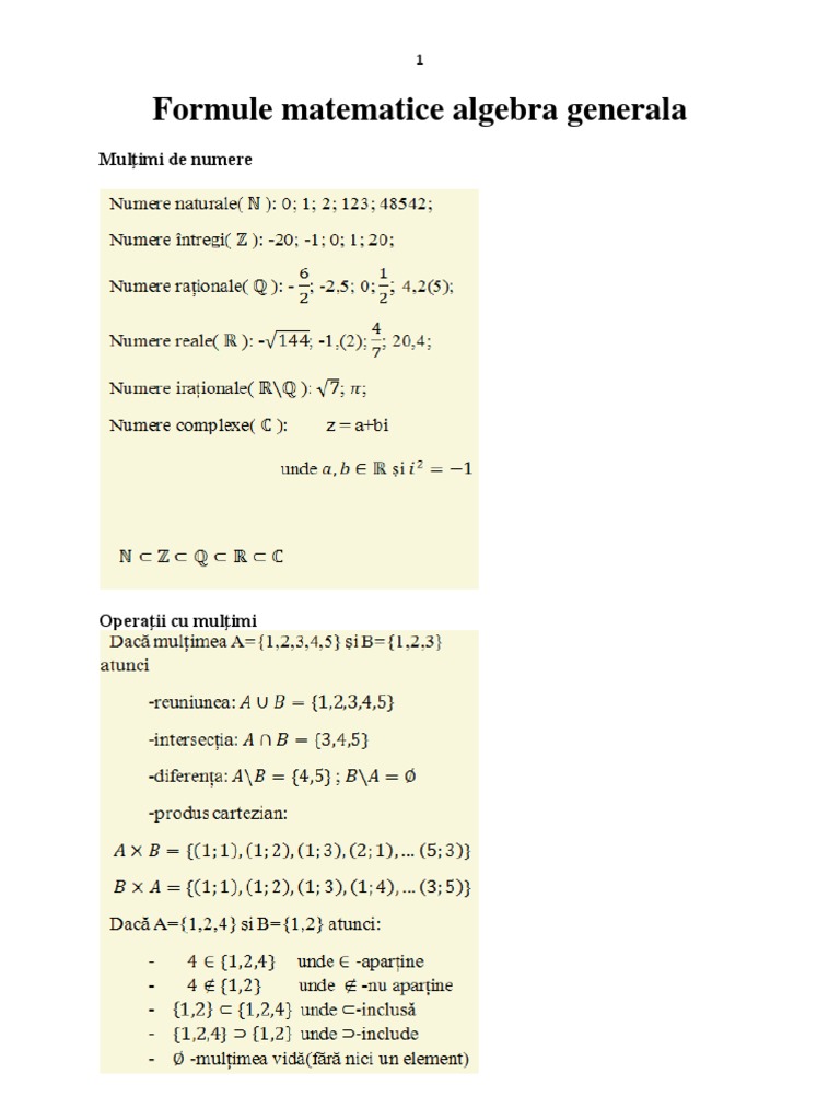 Formule Matematice Algebra Generala | PDF