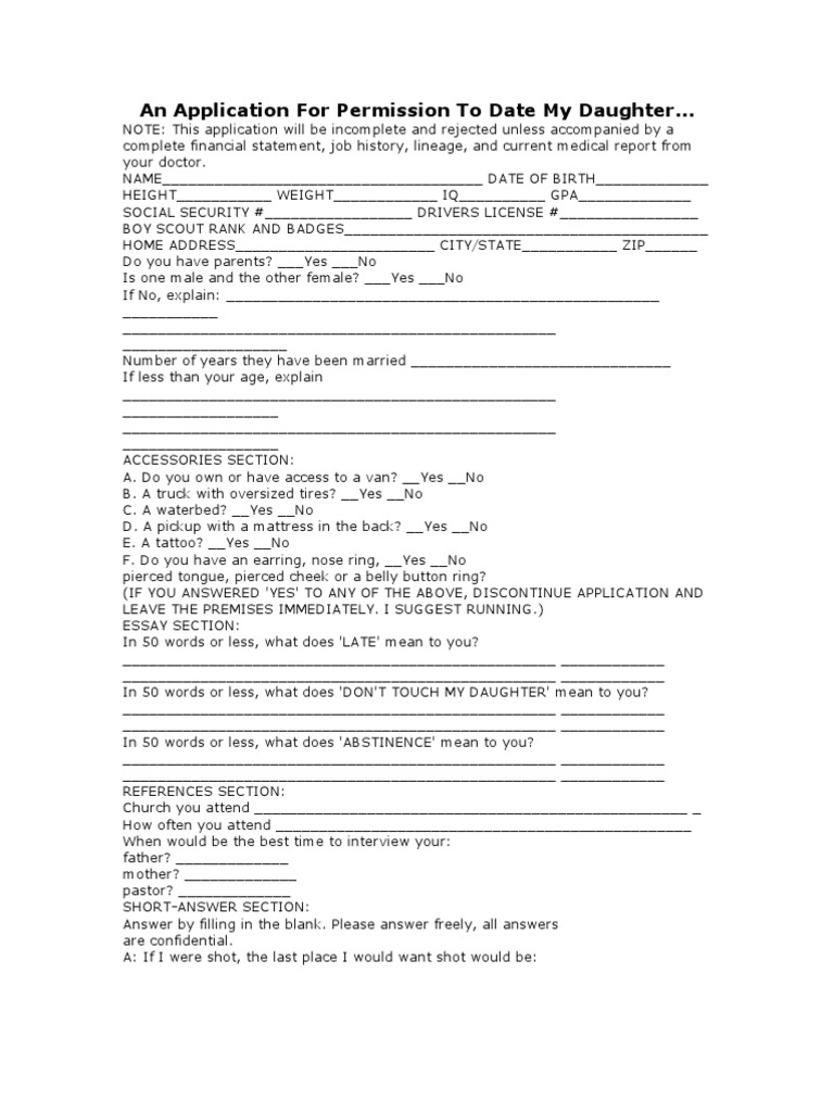 An Application For Permission To Date My Daughter | PDF
