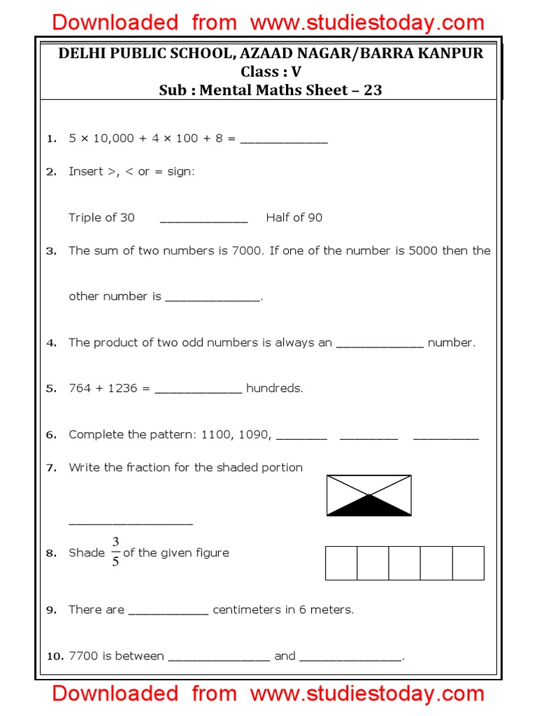 math worksheets grade 5 cbse