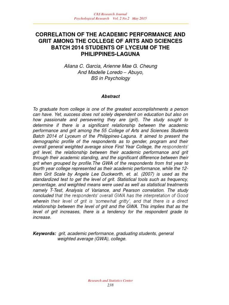 Grit and Academic Performance Correlation | PDF | Grit (Personality ...