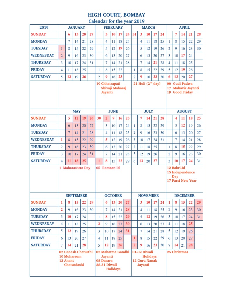 Bombay High Court Calendar, 2019 PDF Holidays Religious Holidays