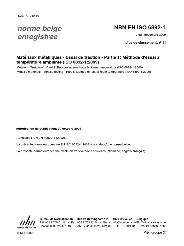 NBN en Iso 6892-1 - 009 (F) - 1 | PDF | Physique appliquée et ...