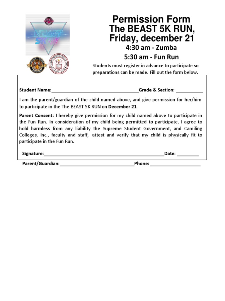 BEAST 5K Run Permission Form | PDF