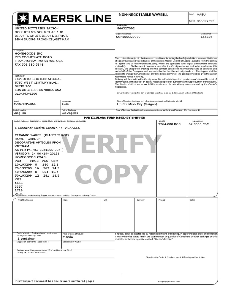 Non-Negotiable Ocean Waybill Details | PDF | Consignee | Cargo