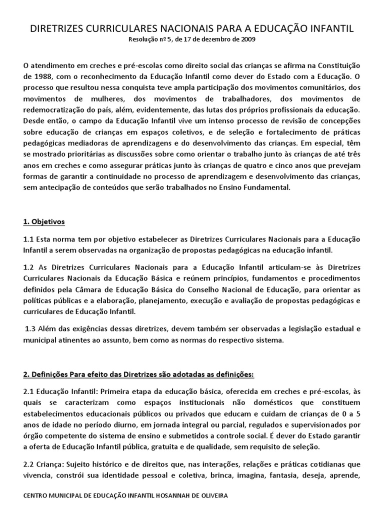 Diretrizes Curriculares Nacionais para A Educação Infantil | PDF | Pré ...