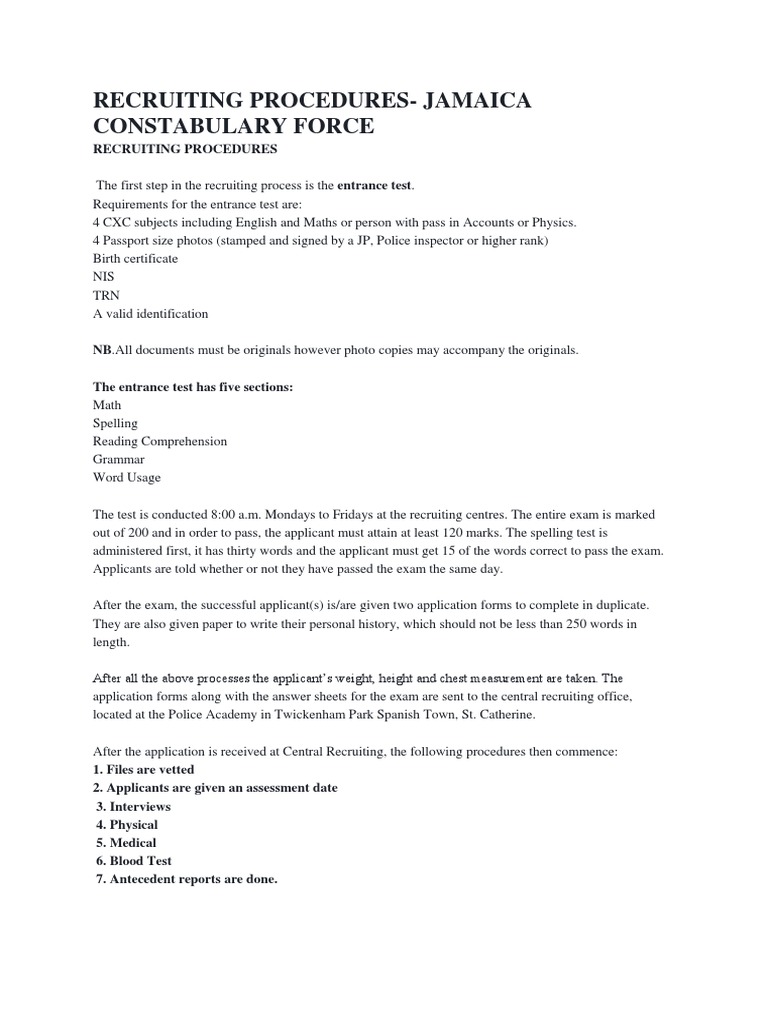 Recruiting Procedures-Jamaica Constabulary Force | PDF | Test ...