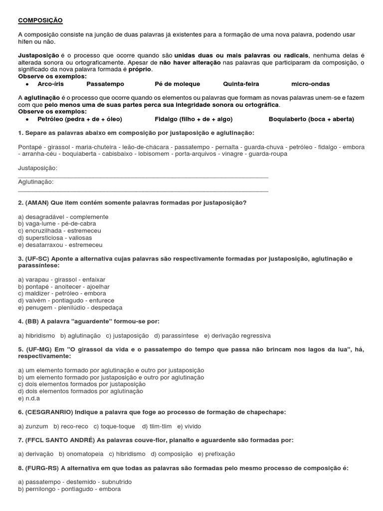 Formacao de Palavras Aglutinação | PDF | Gramática | Morfologia linguística