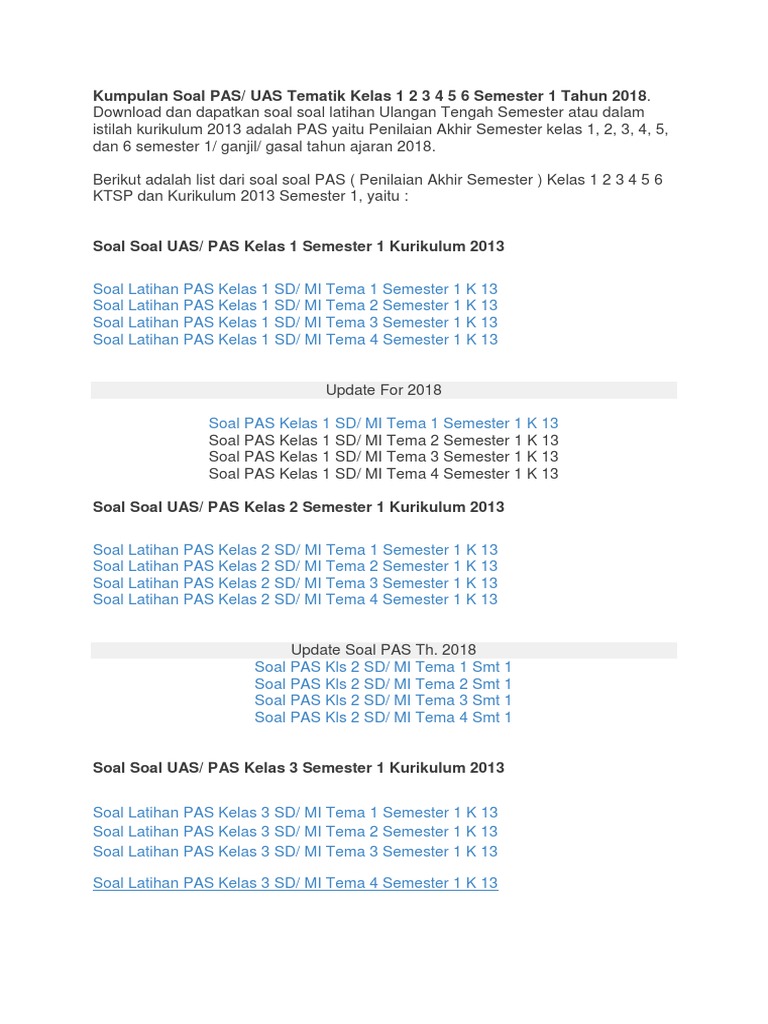 Kumpulan Soal PASUAS Tematik Kelas 1 2 3 4 5 6 Semester 1