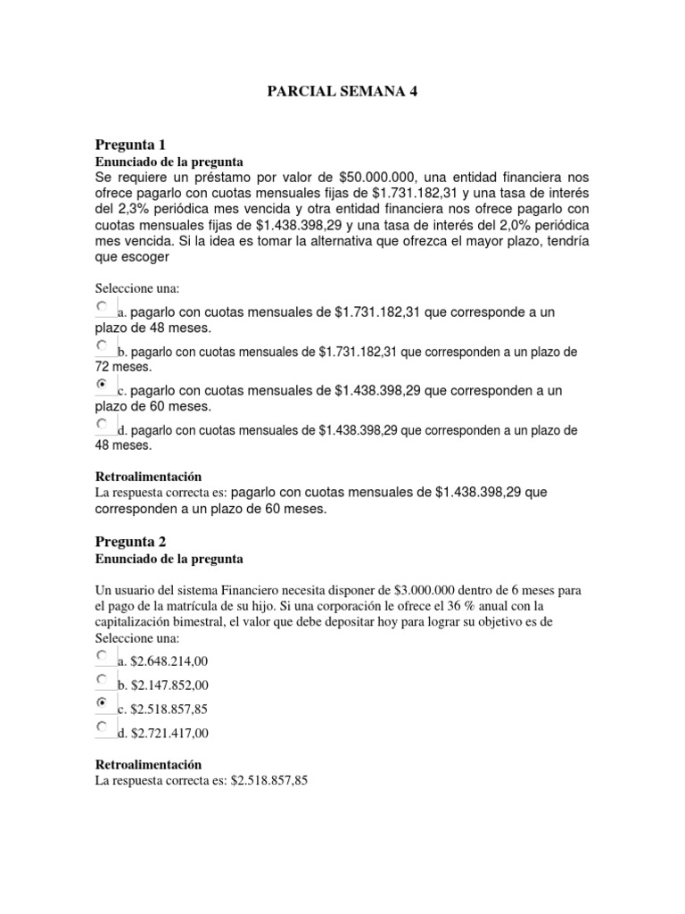 Parcial Semana 4 Matematicas Financieras | PDF | Dinero | Economias