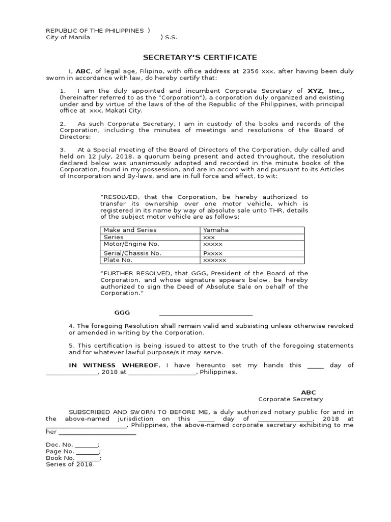 Secretary's Certificate For Sale of Car PDF Common Law Government