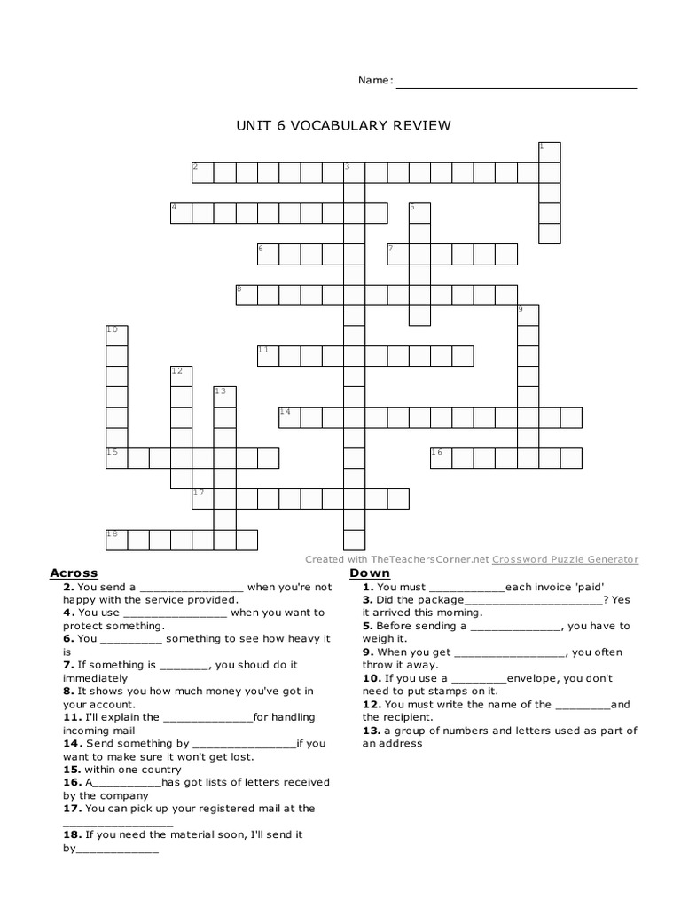 Crossword Review Unit 6 PDF Postal System Philately