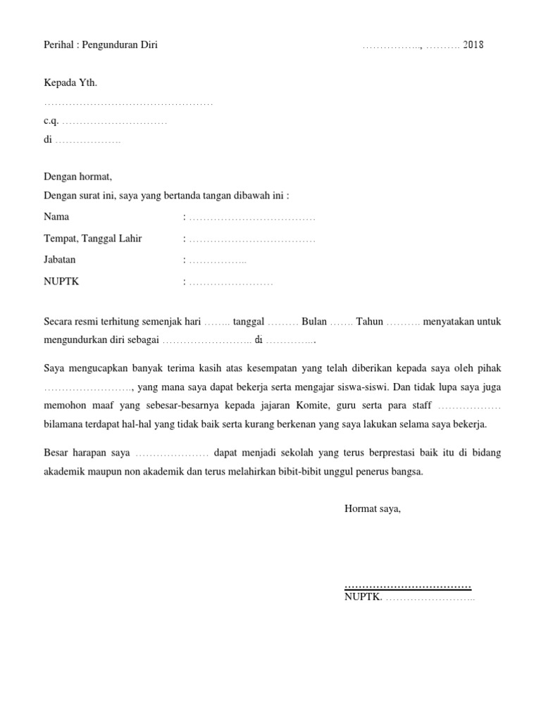 Contoh Surat Pengunduran Diri Dari Sekolah Sebagai Guru Tk ...