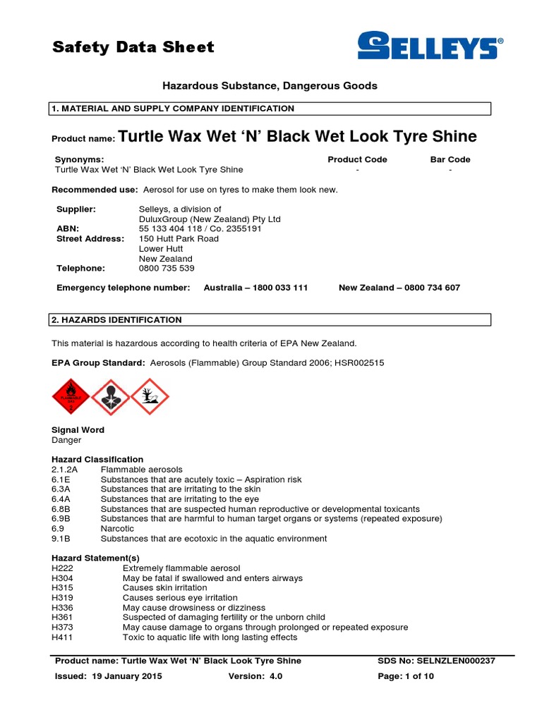 Turtle Wax Tyre Shine Safety Data Sheet | PDF | Dangerous Goods | Toxicity