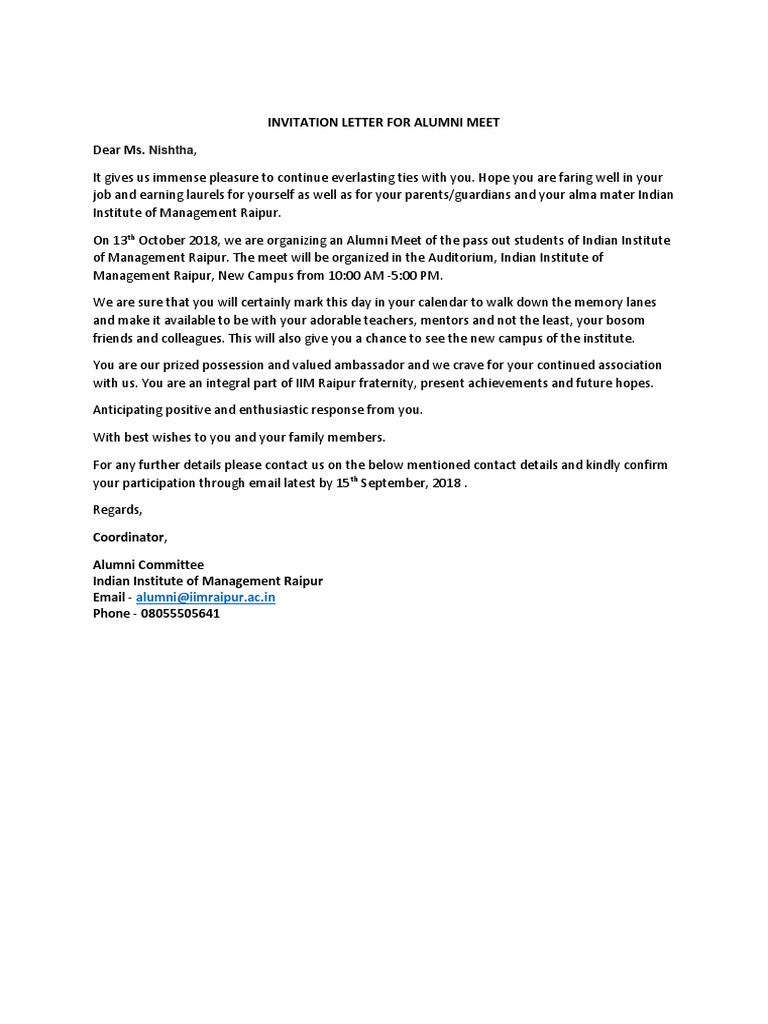 Invitation Letter For Alumni Meet PDF