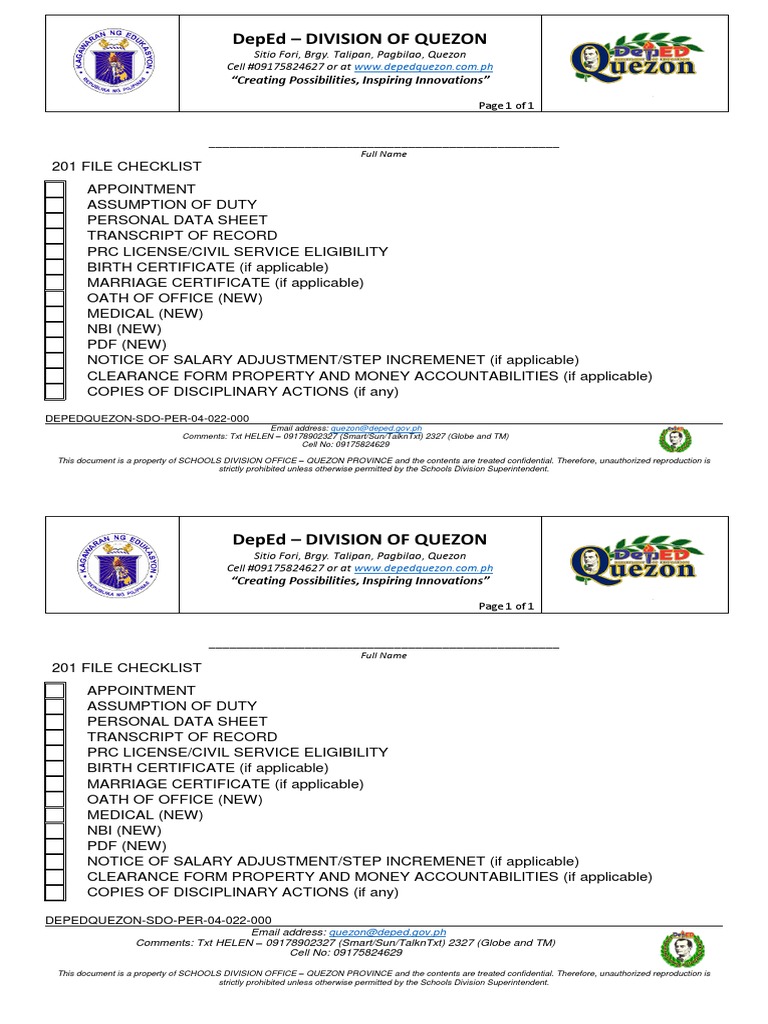 DepEd Quezon 201 File Checklist | PDF