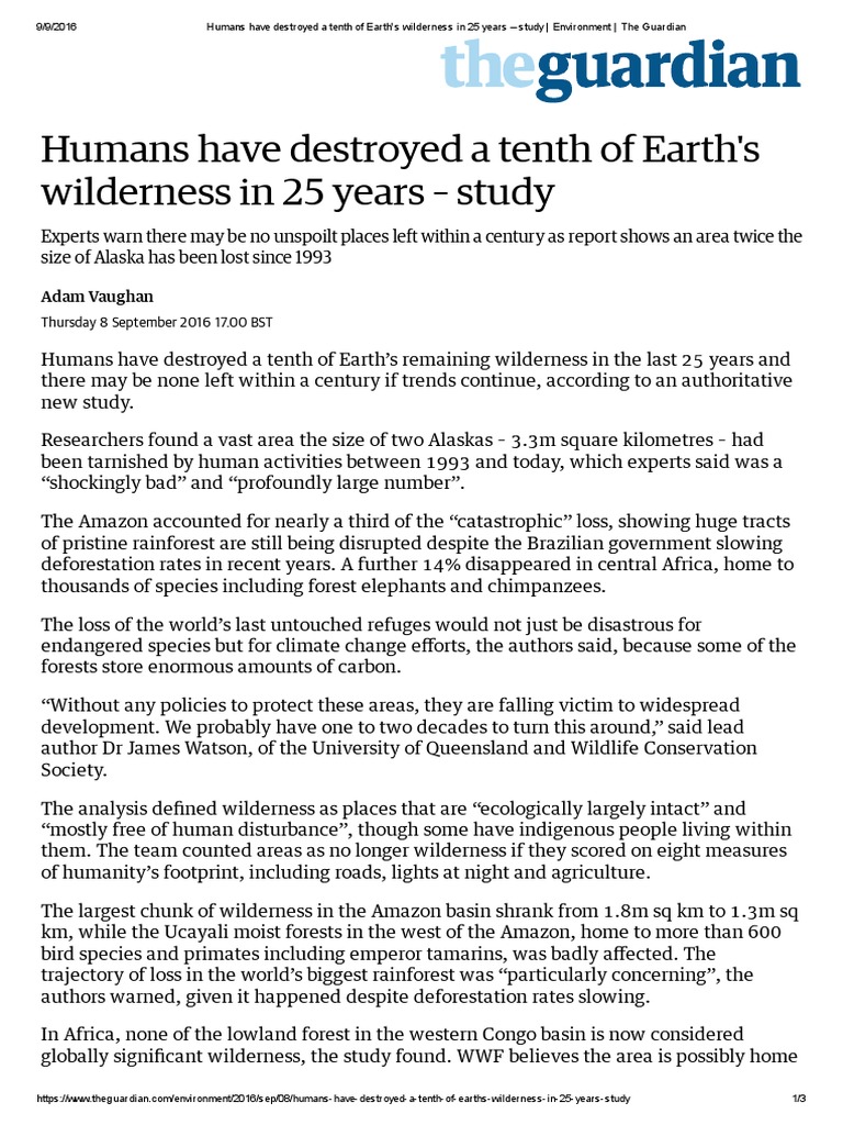 Humans Have Destroyed A Tenth of Earth's Wilderness in 25 Years - Study ...