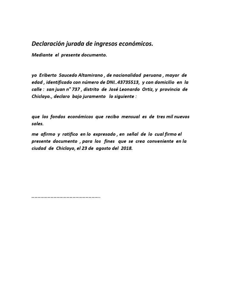 Declaración Jurada de Ingresos Económicos | PDF