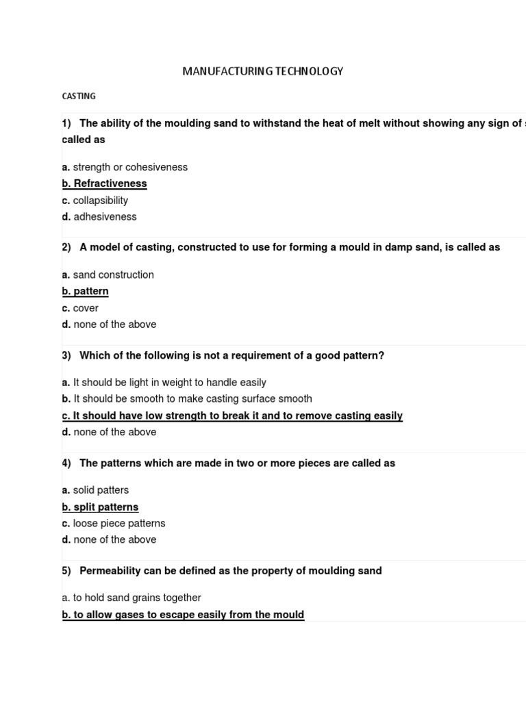 Manufacturing Technology MCQ PDF Casting (Metalworking) Extrusion