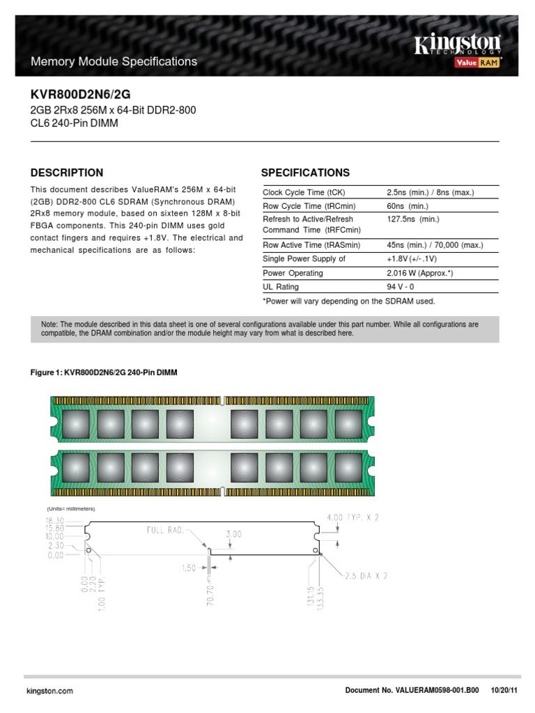 KVR800D2N6/2G: Memory Module Specifi Cations | PDF