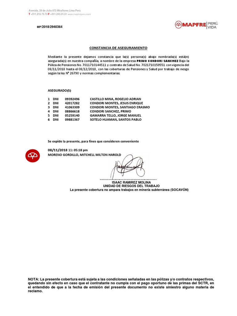Constancia de Aseguramiento Mapfre Peru Vida PDF