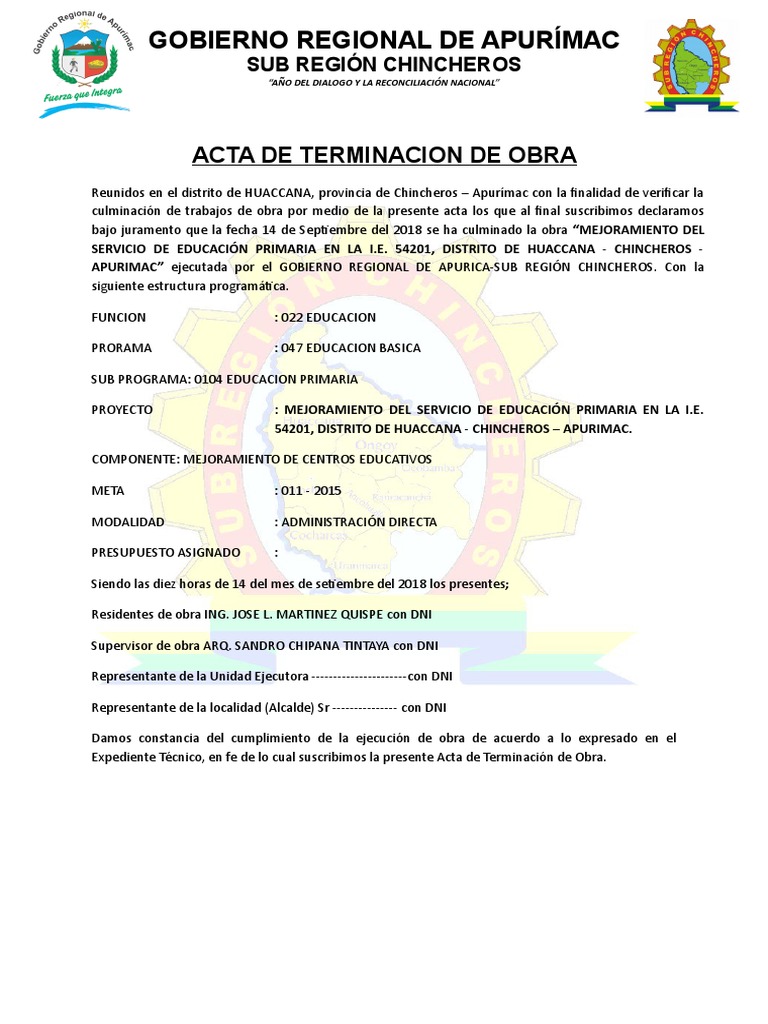 Acta de Terminación de Obra Educativa | PDF | Gobierno