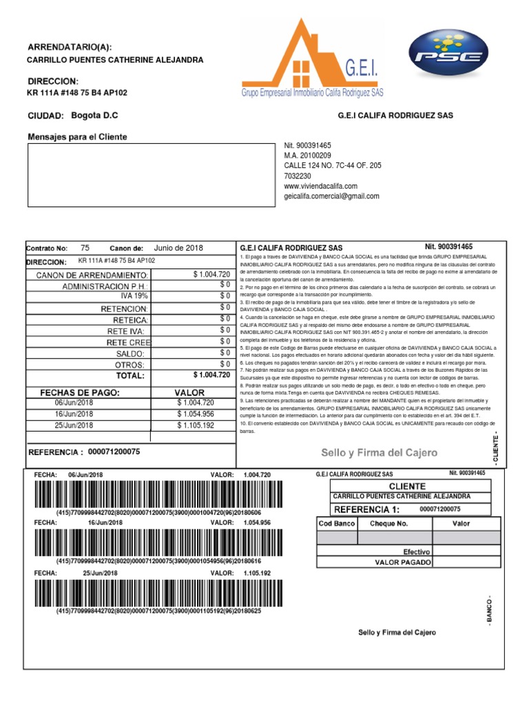 Instrucciones de Pago Arrendamiento Bogotá | PDF | Cheque | Business