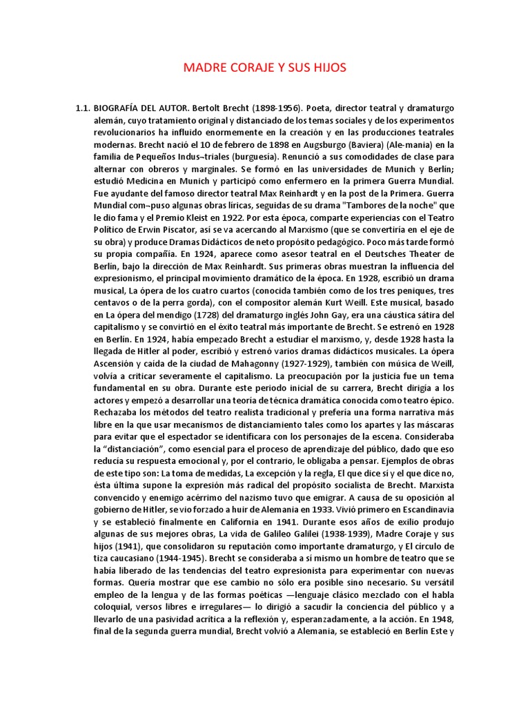 Madre Coraje Y Sus Hijos Pdf Teatro Entretenimiento General
