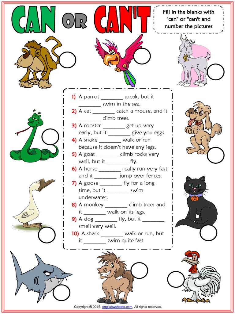 can or cant esl worksheet with animals vocabulary for kidspdf