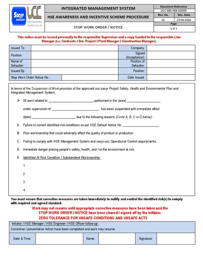 Stop Work Order Notice Procedure | PDF | Risk | Safety