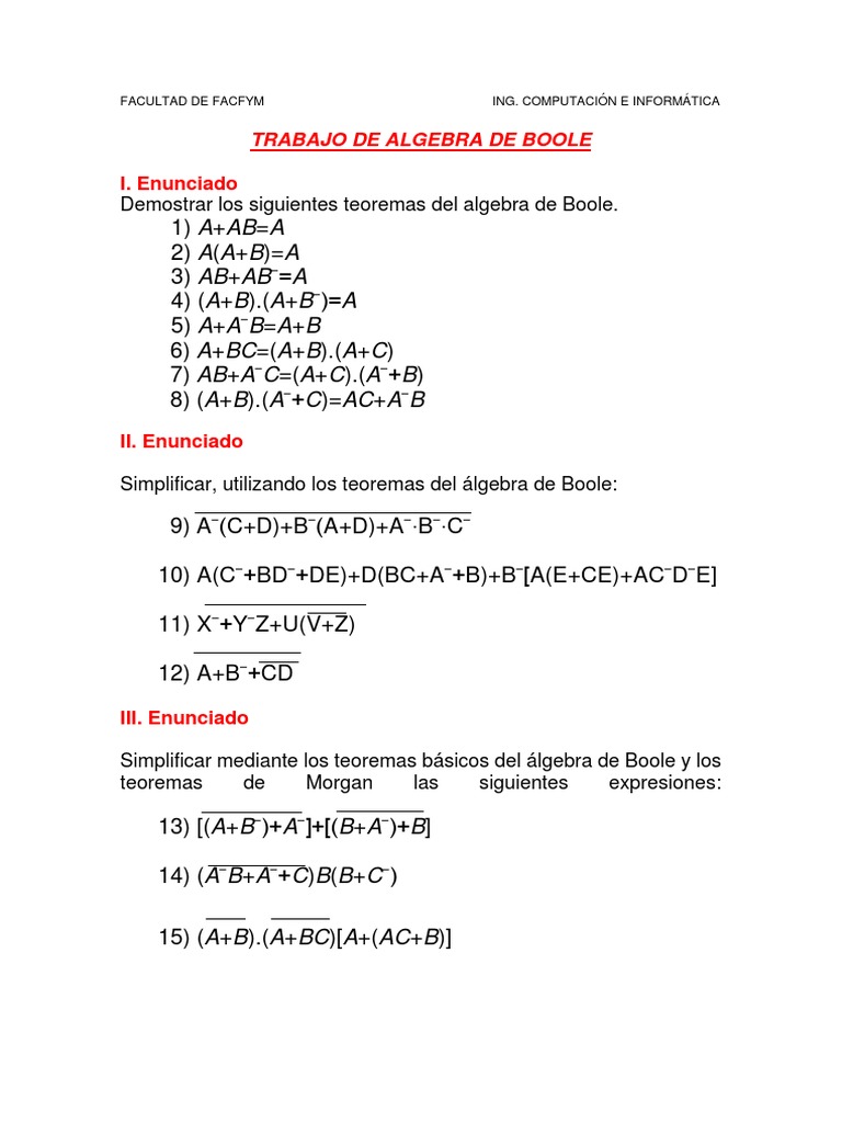 Practica Calificada De Algebra De Boole