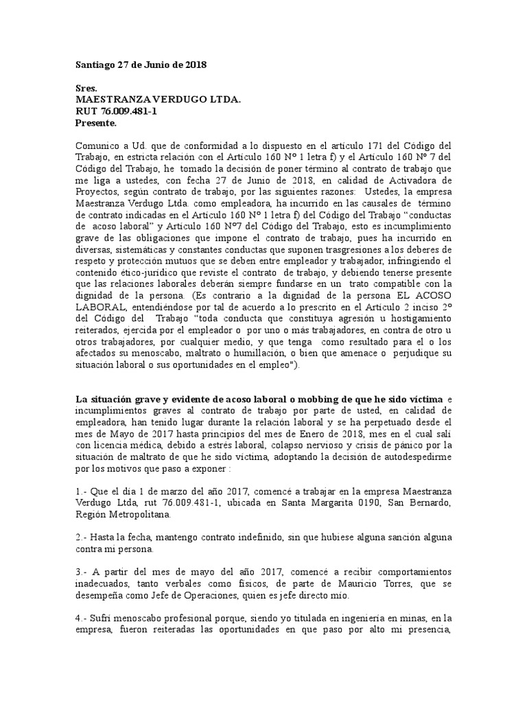 Modelo Carta Autodespido Acoso Laboral | PDF