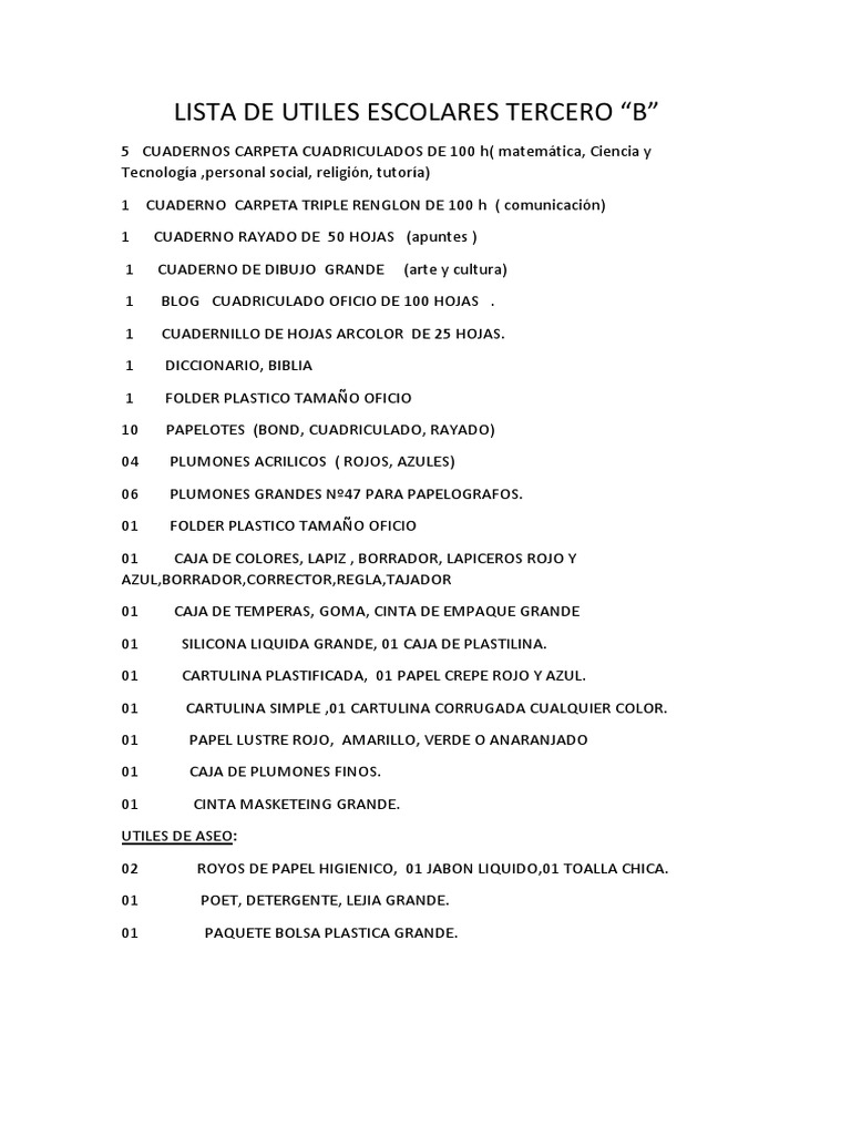 Lista de Utiles Escolares Tercero PDF