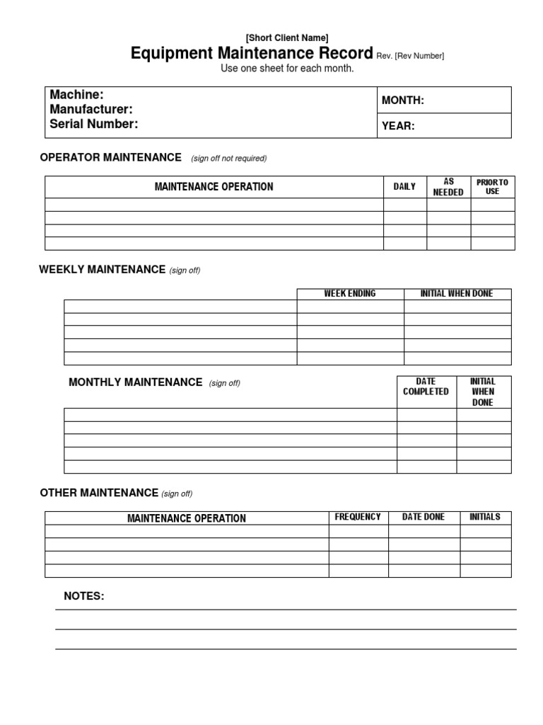 Equipment Maintenance Record Template | PDF
