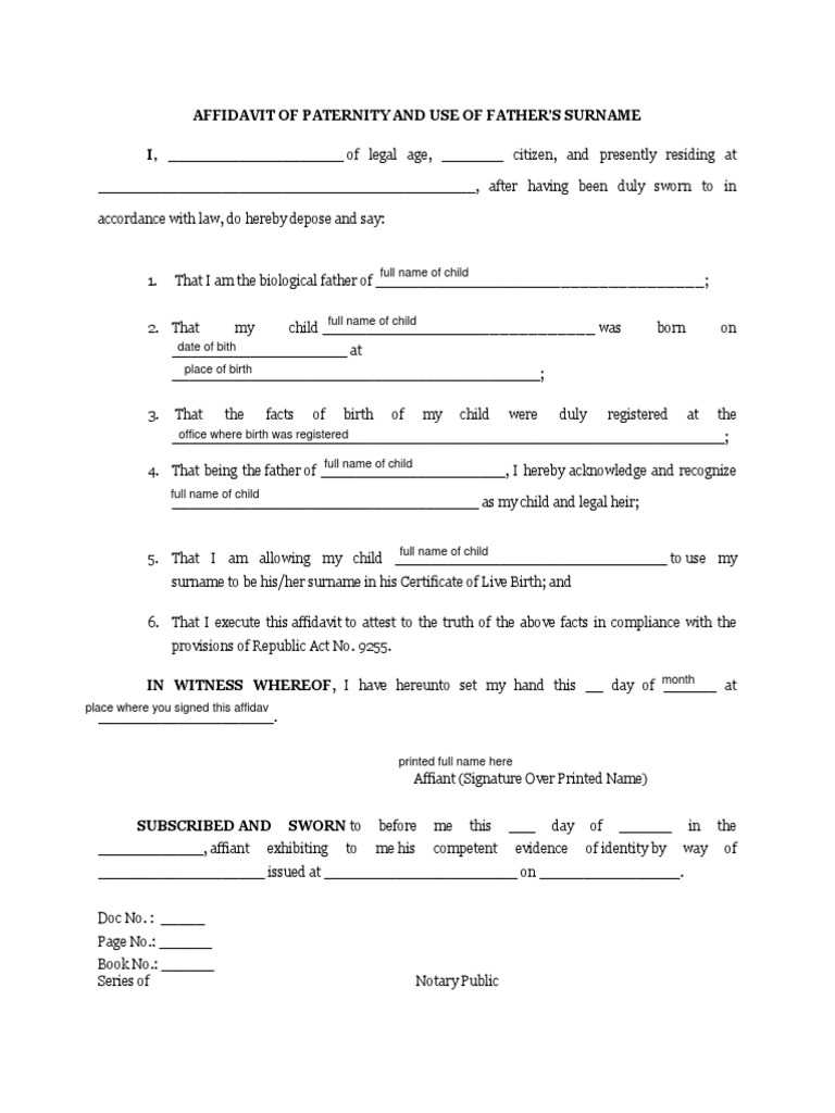 Affidavit of Paternity and Surname Use | PDF | Affidavit | Government ...